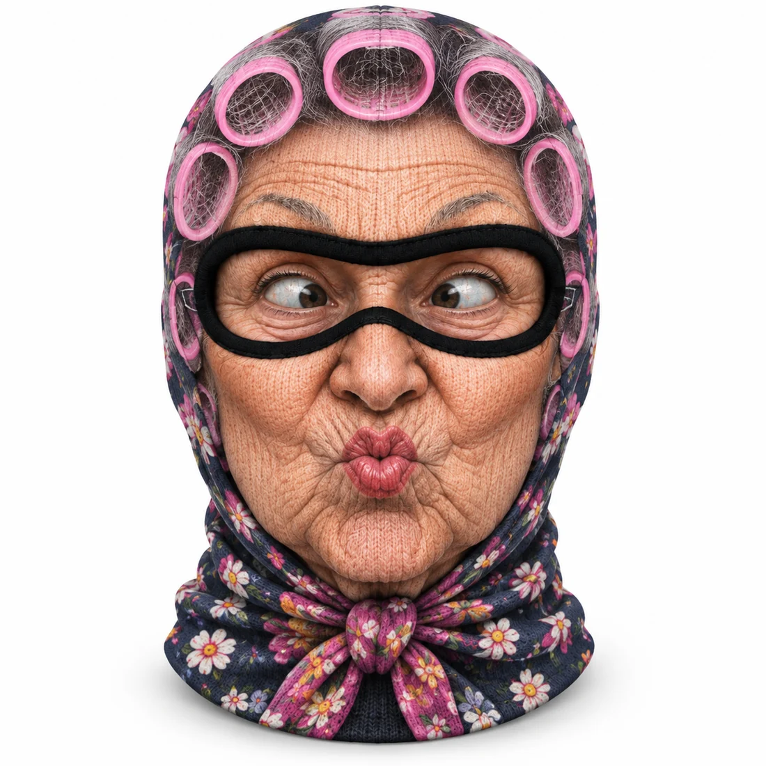 Grandma ski mask with pink hair rollers, a floral headscarf, and puckered lips