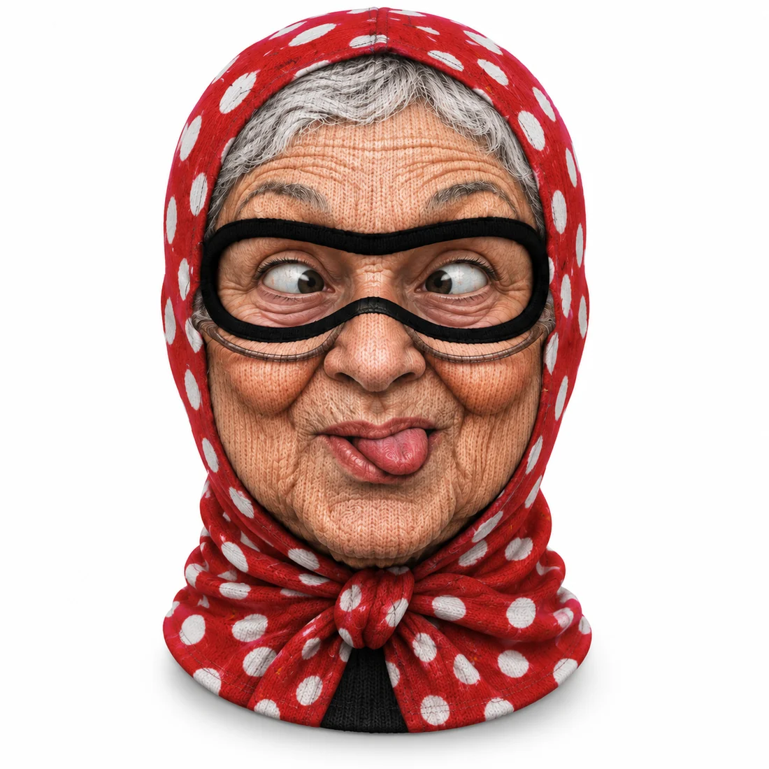 Grandma ski mask with a red polka-dot headscarf and a tongue-out expression